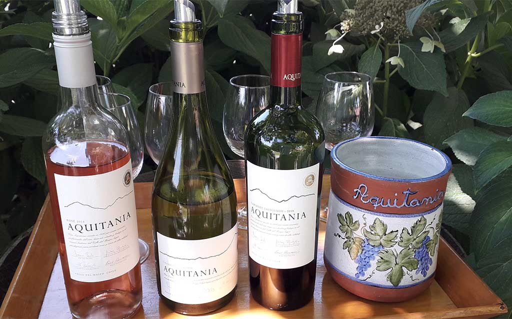 Wine bottles during tasting at Aquitania Vineyard