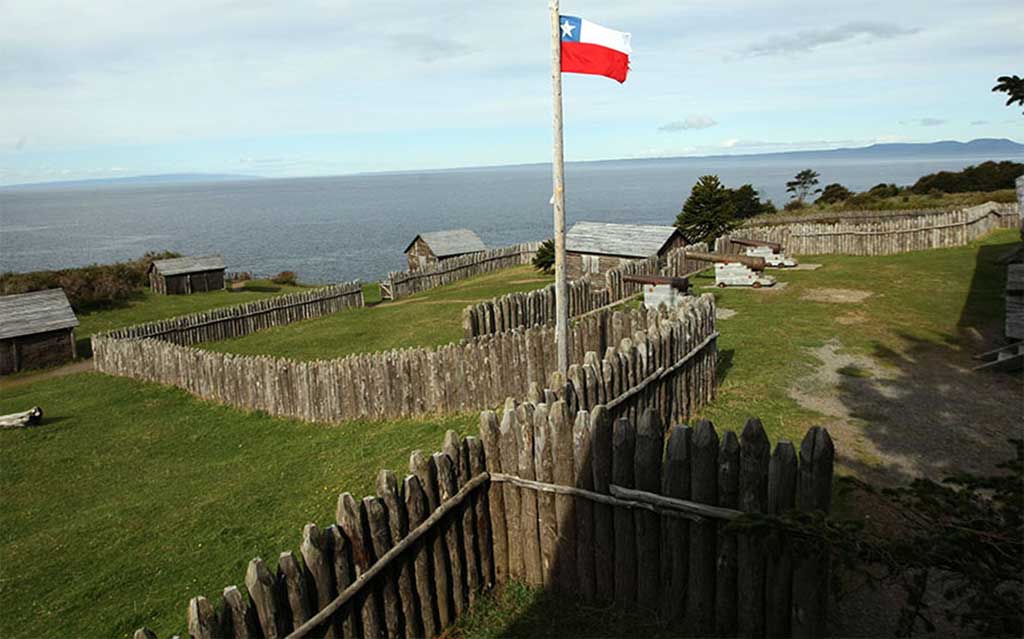 Fort Bulnes and Strait of Magellan with Chile Flag
