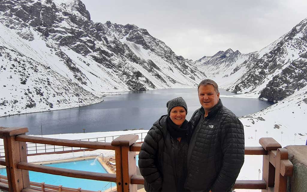 Guests at the Portillo Hotel overlooking the Laguna del Inca
