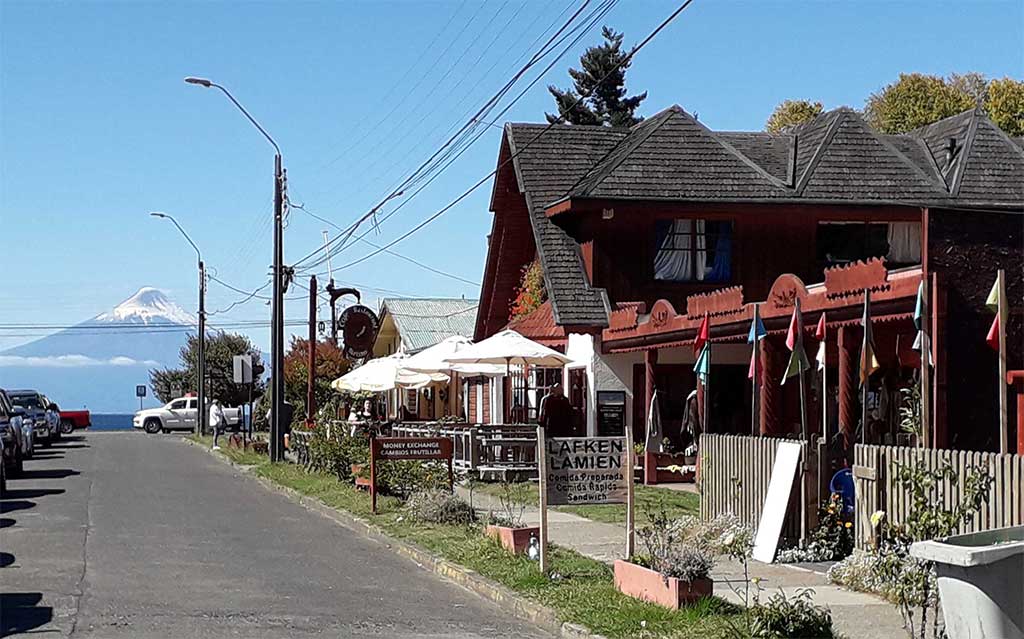 Typical street in Frutillar with Osorno Volcano