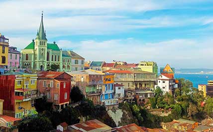 Valparaiso skyline with historic Lutheran Church. Discover Valparaiso